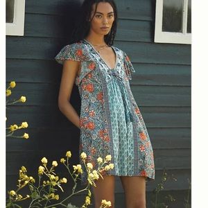 Anthropologie Floral Mini Dress in Teal and Coral